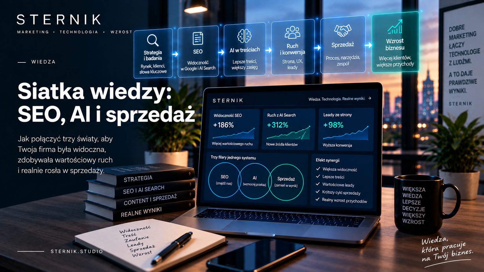 Siatka wiedzy SEO, AI i sprzedaż — połączony system treści, widoczności i wzrostu według Sternik Studio